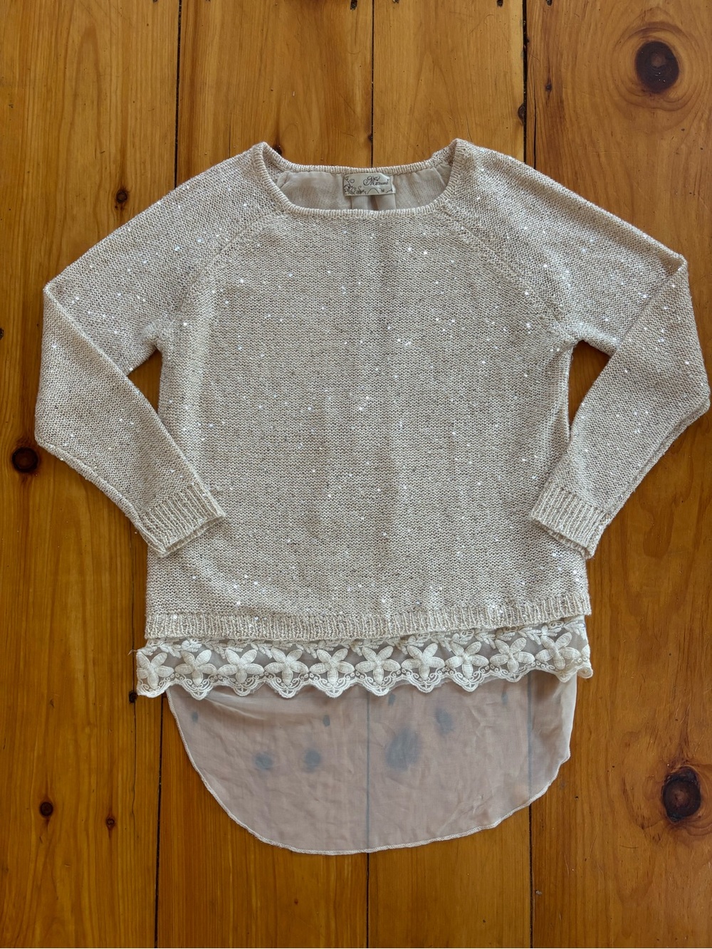 Mizumi Sequin Knit Sweater w Lace Hem Layered Boho Medium